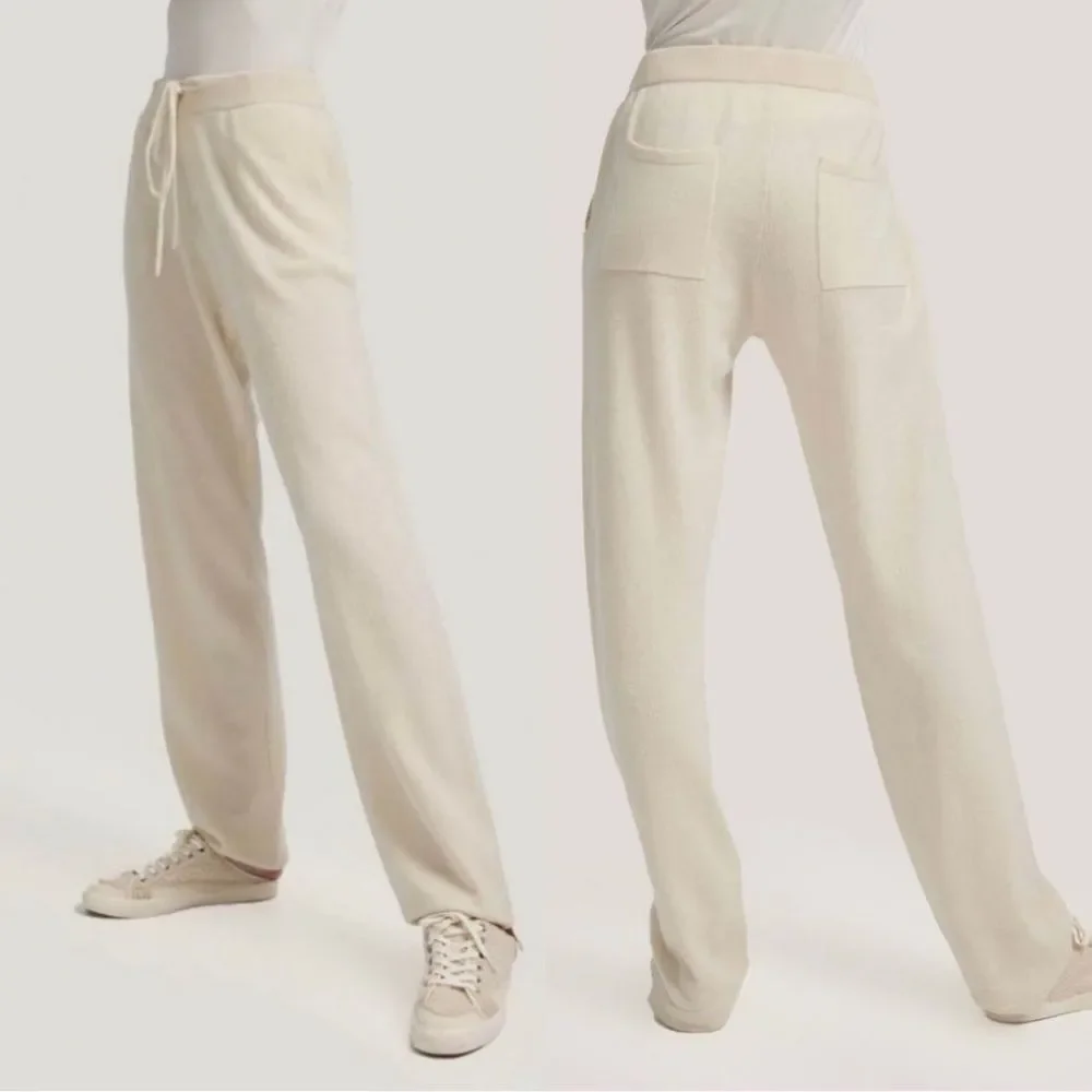 Gentle Herd 100% cashmere Ivory white drawstring straight pants pockets size 3XL